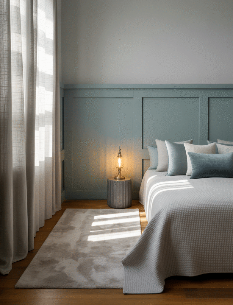 Bedroom with board and batten painted in one color, and the upper half of the wall in a complementary shade, accented with throw pillows, rugs, and lampshades for depth.