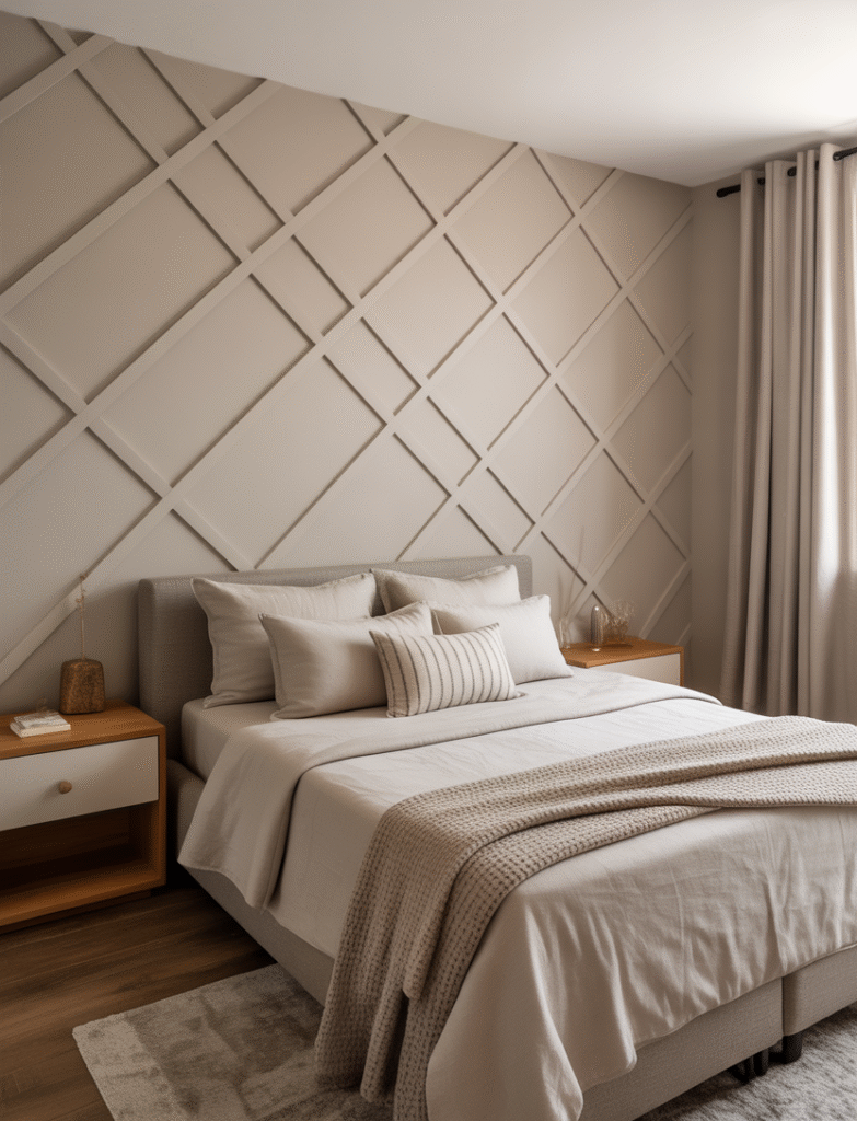 Bedroom with board and batten arranged in geometric or diagonal patterns, featuring neutral colors and minimalist decor to highlight the modern design.