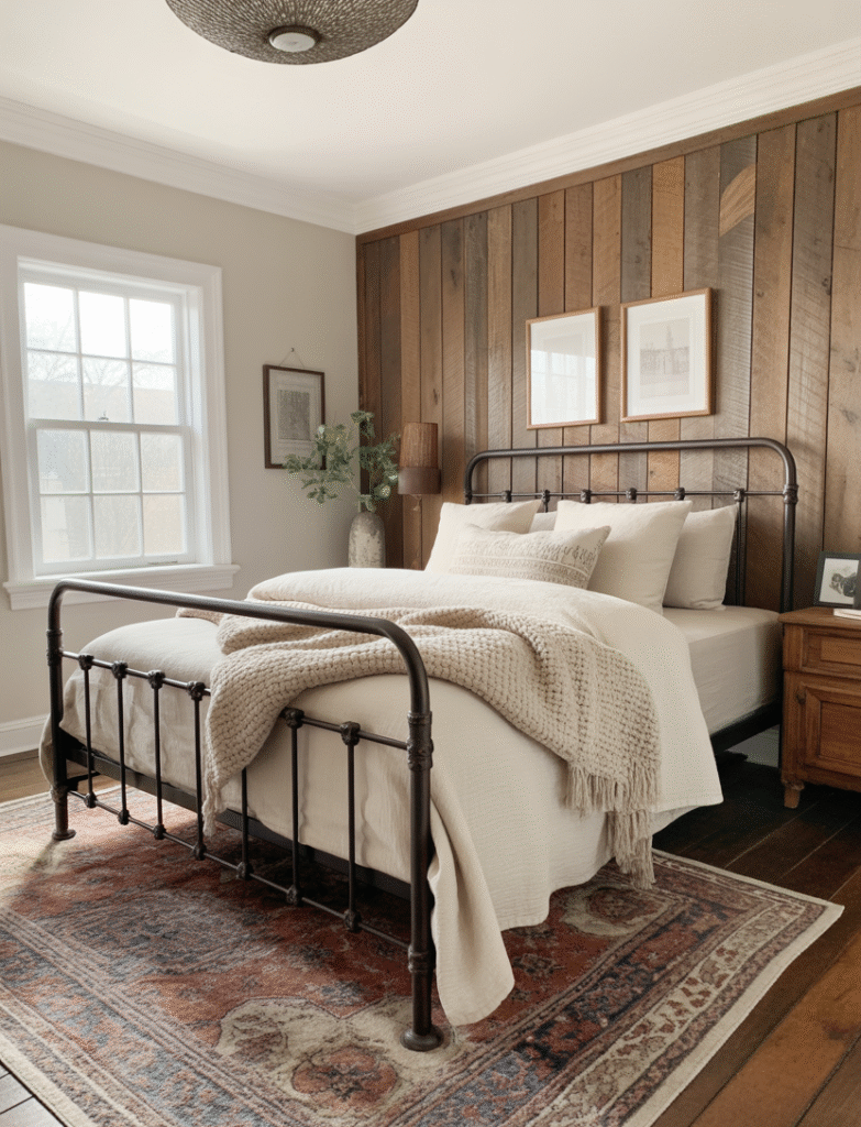 Bedroom with rustic stained wood board and batten panels, paired with an iron bed frame, cozy knit throws, and vintage rugs, evoking a farmhouse charm.