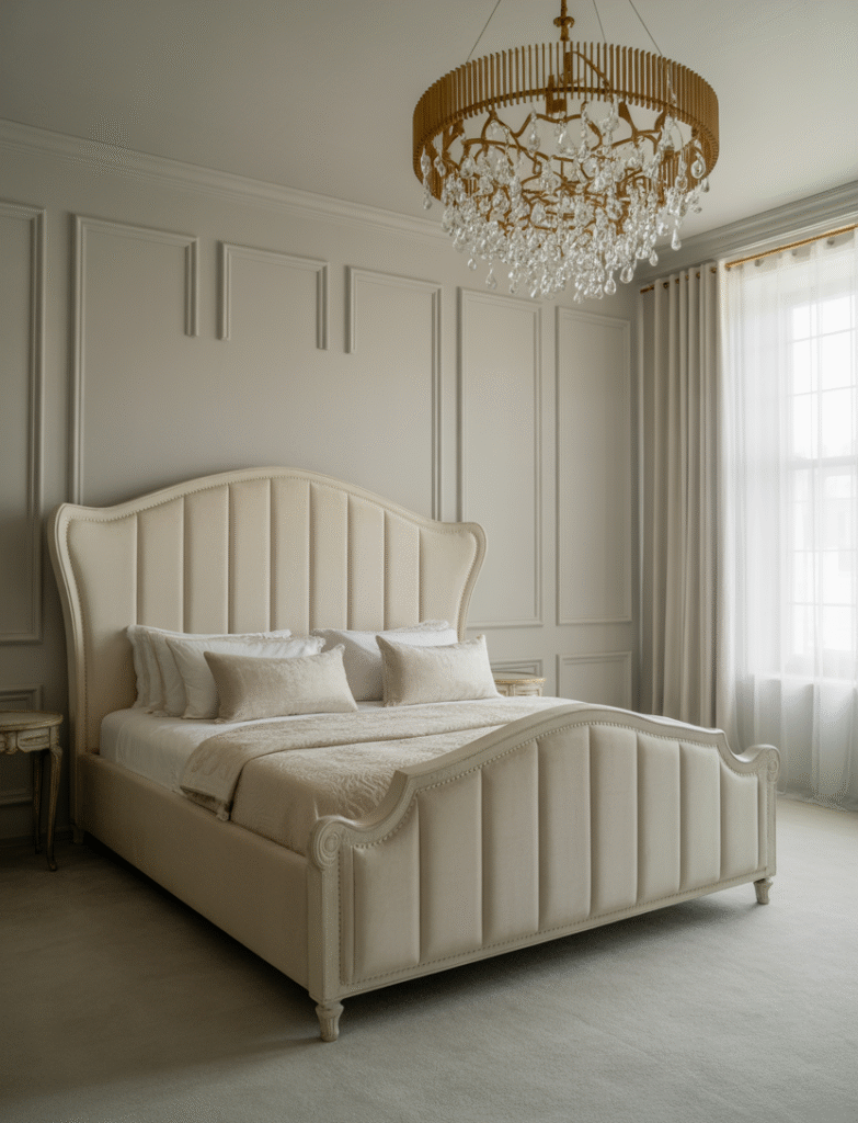 Bedroom with board and batten panels extending from baseboard to ceiling, complemented by an oversized headboard and statement chandelier, creating a grand, luxurious feel.