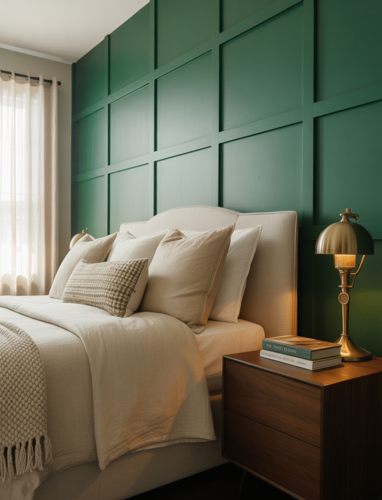 Bedroom with dark green board and batten on one wall, balanced with warm wood furniture, cream bedding, and cozy textures for a rich, sophisticated atmosphere.