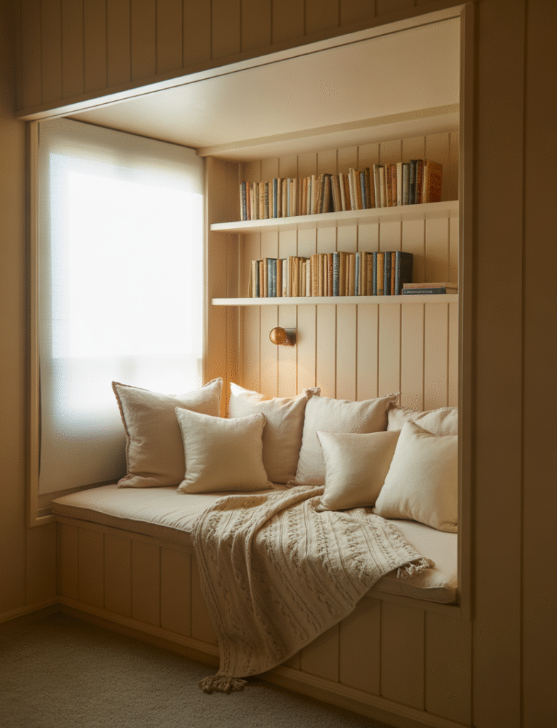 Bedroom with board and batten framing a built-in reading nook, featuring plush cushions, throw blankets, and floating shelves filled with books, adding a cozy corner.