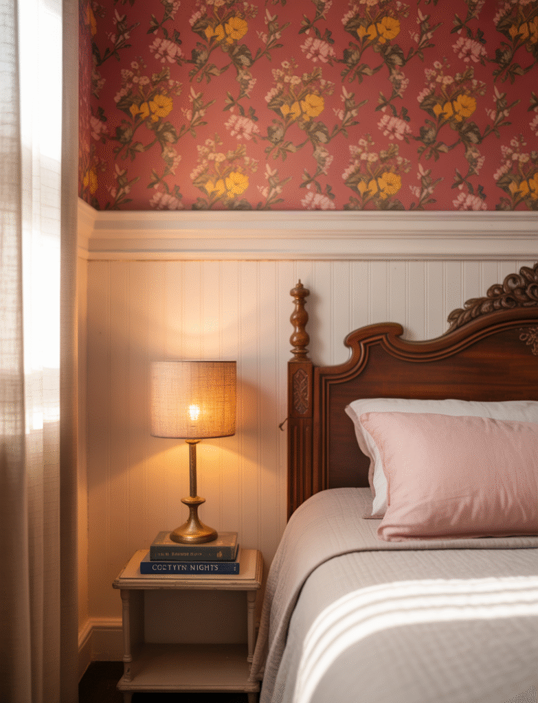 Bedroom with board and batten on the lower wall, complemented by patterned wallpaper above, creating a playful and textured combination that ties the room together.