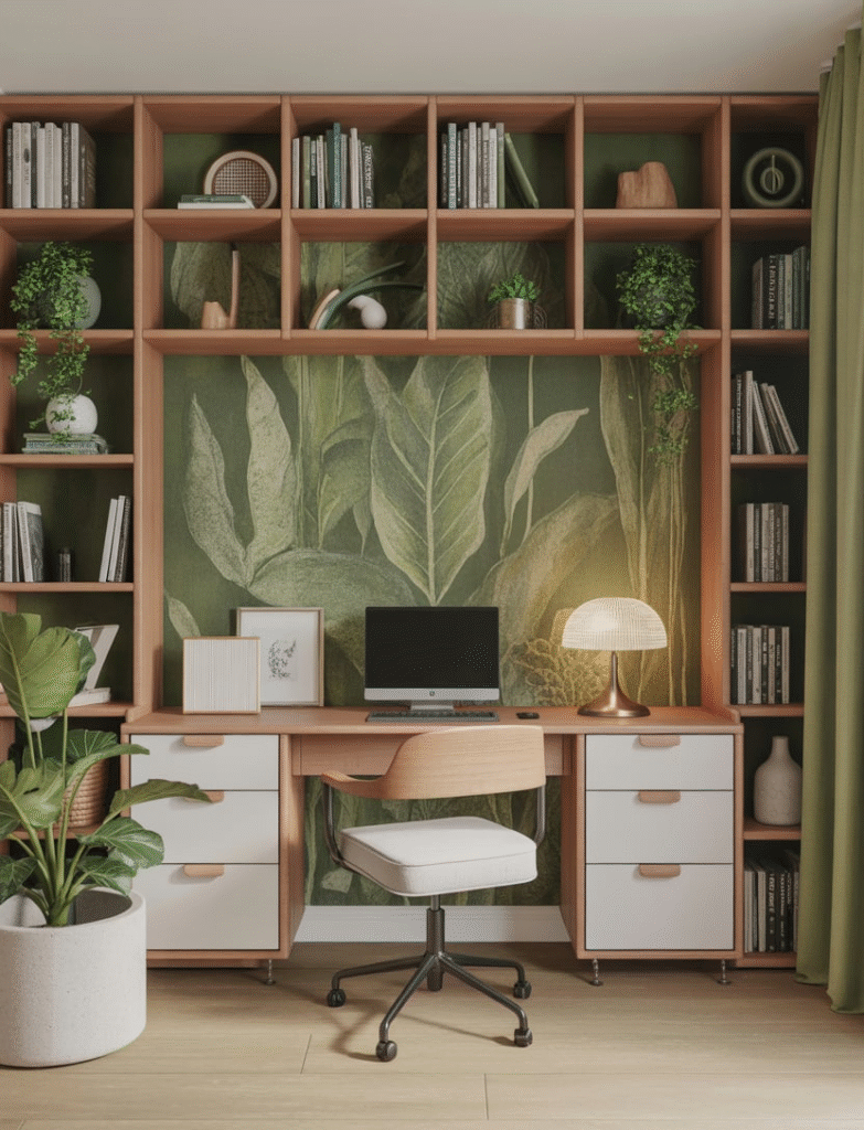 Home office with botanical green wallpaper behind open bookshelves, paired with wood and white furniture for a nature-inspired, airy vibe.