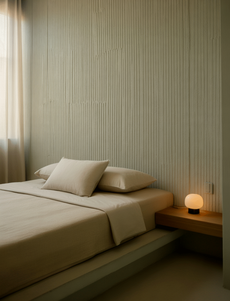 Bedroom with slim, closely spaced battens, complemented by simple, neutral bedding and furniture, making the wall the subtle star of the space.