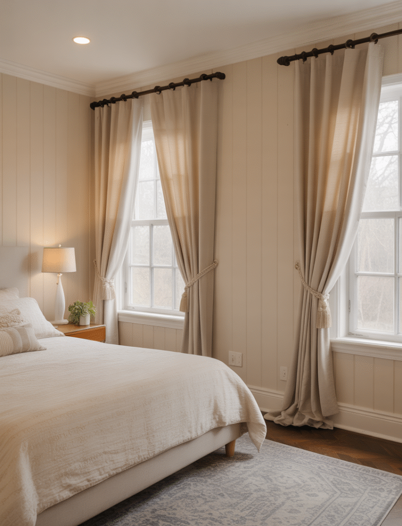 Bedroom with board and batten extending across the wall and around the windows, paired with soft curtains and delicate tiebacks for a built-in, seamless look.