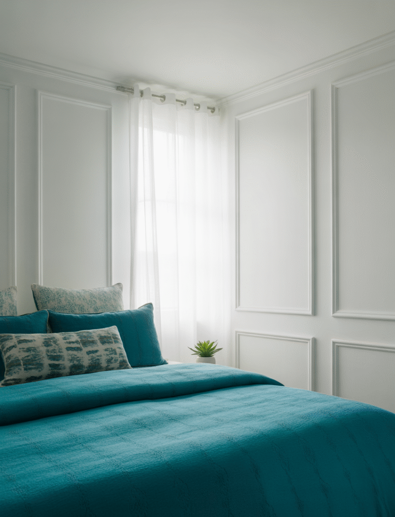 Bedroom with board and batten panels and matching trim painted the same color, with pops of color in bedding and decor contrasting against the uniform wall treatment.