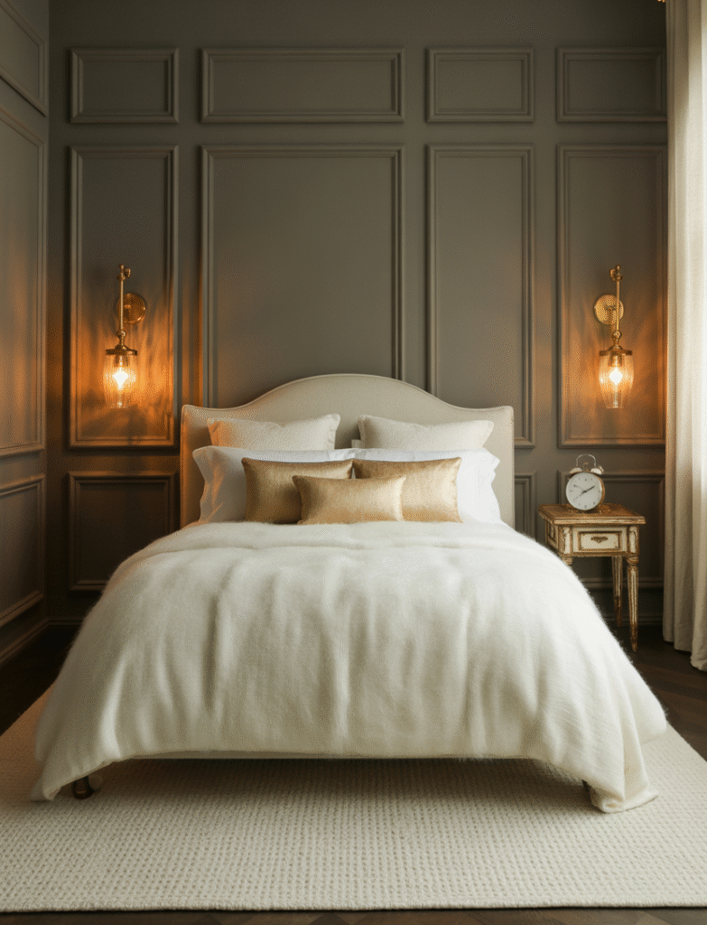 Bedroom with dark or light board and batten walls, complemented by gold sconces, hardware, and accent pillows, adding a touch of glam and luxury.