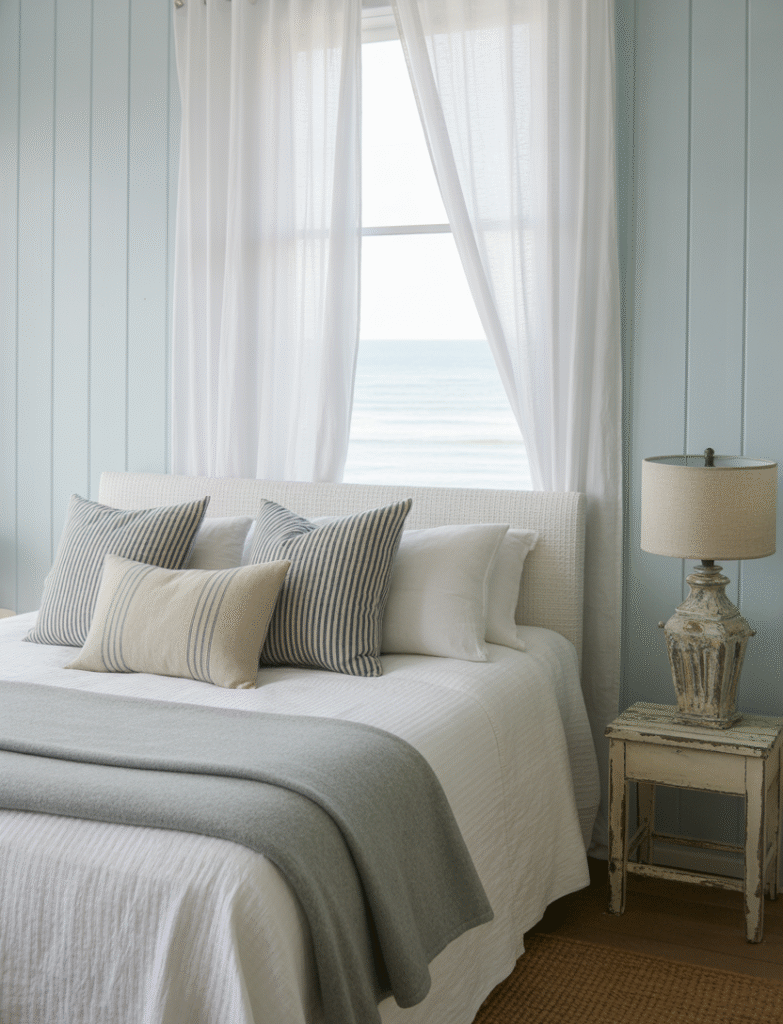 Bedroom with pale blue board and batten walls, featuring driftwood furniture, striped linens, and airy white curtains, creating a breezy, coastal-inspired retreat.