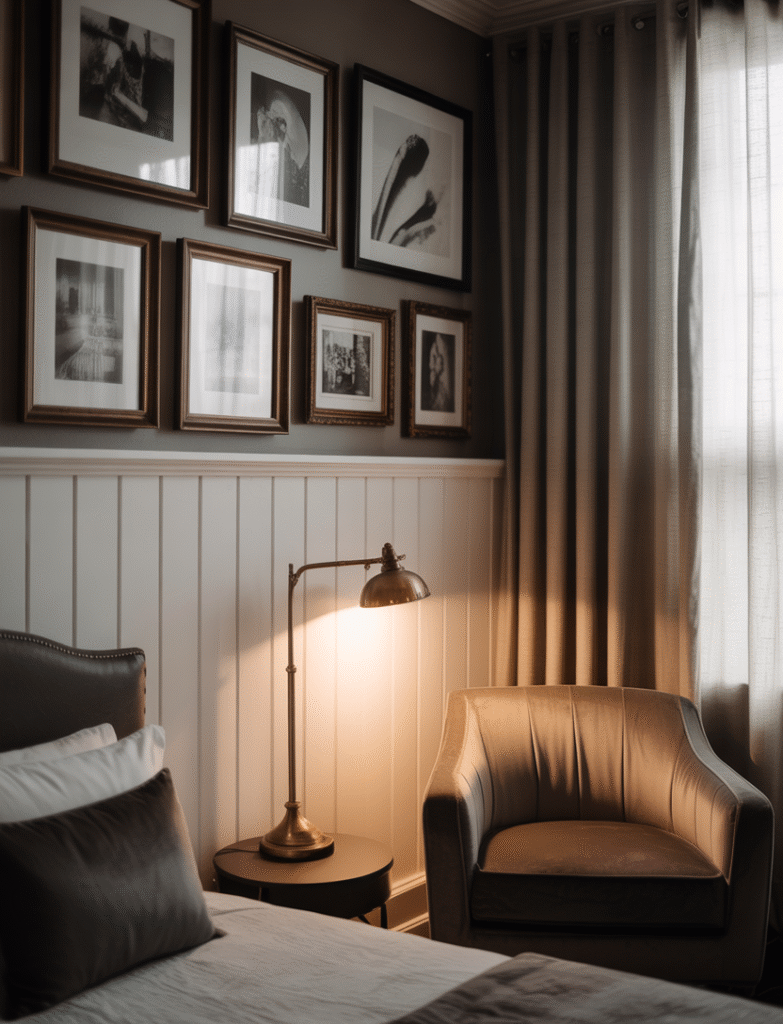 Bedroom combining rustic stained wood board and batten with modern furniture and art, balancing the warmth of wood with sleek contemporary decor.