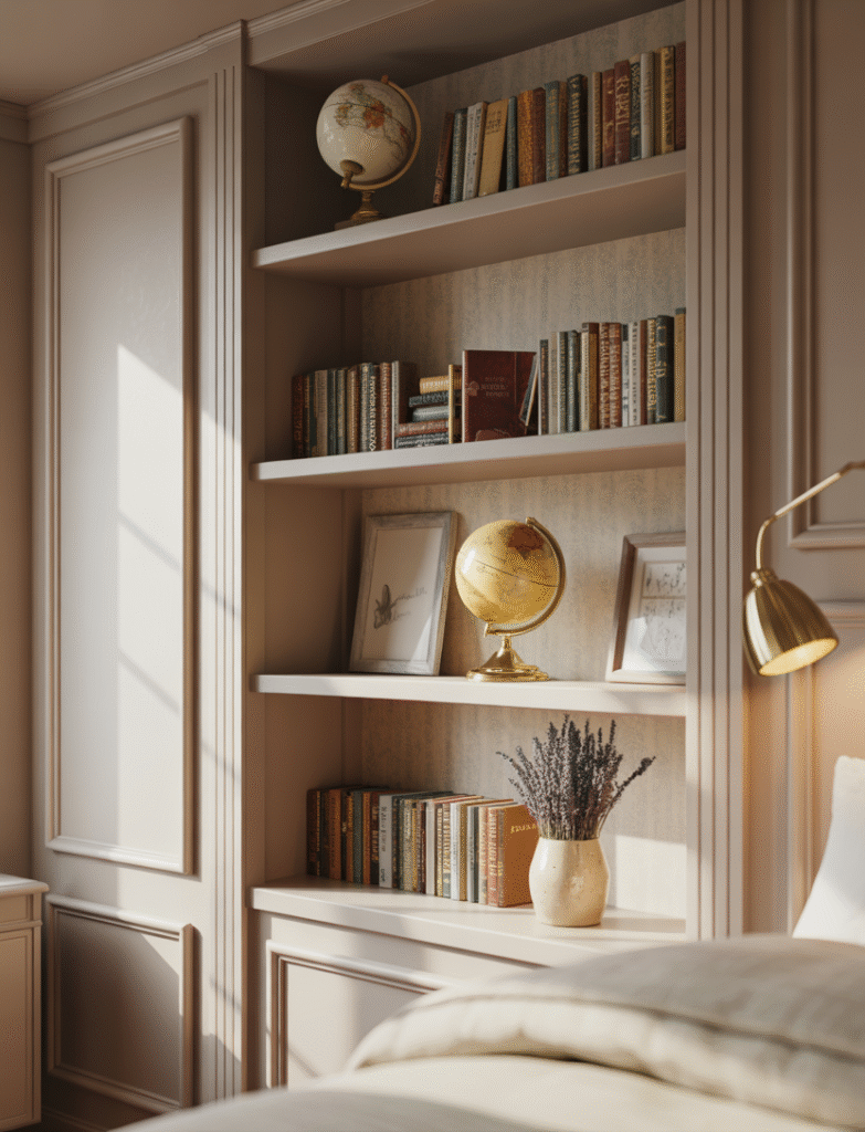 Bedroom with built-in shelves between board and batten panels, displaying books, plants, and decorative accents, combining functionality and style.