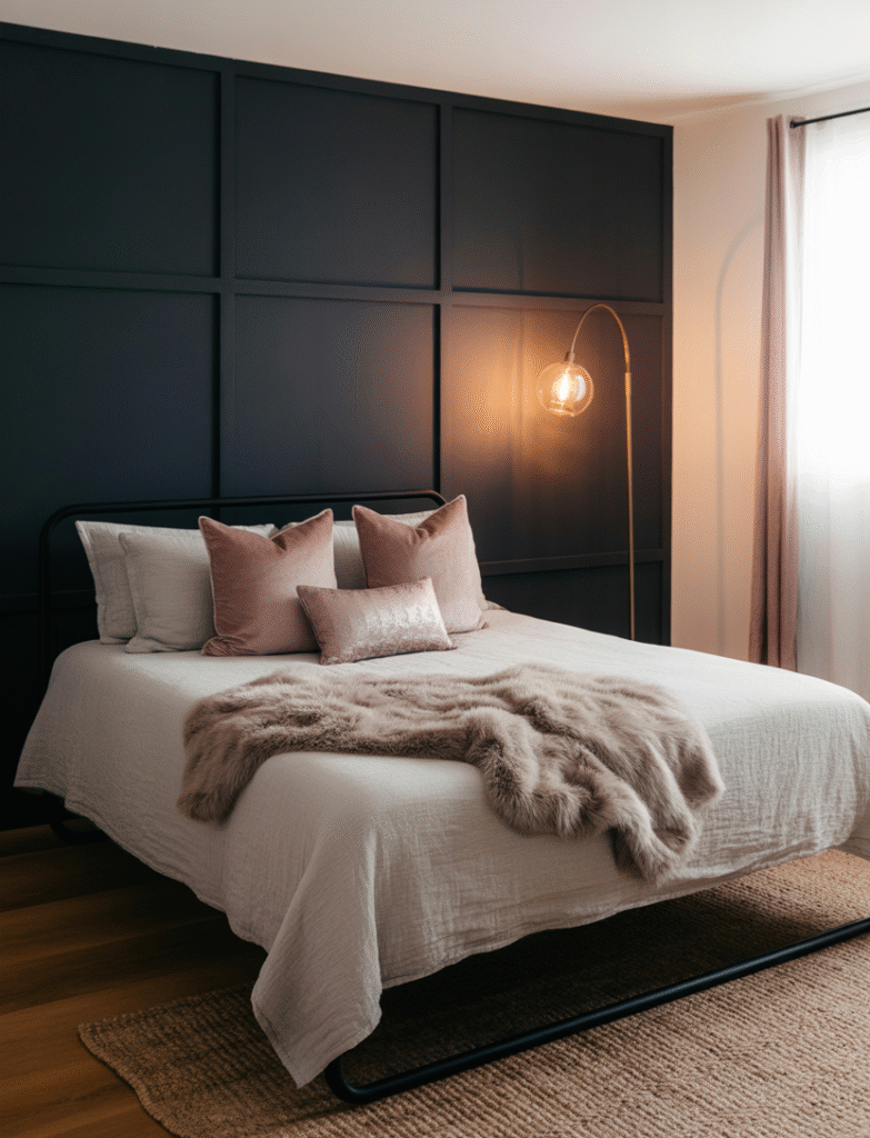 Bedroom with black board and batten behind the bed, paired with light bedding, velvet pillows, and faux fur throws, creating bold drama and a cozy ambiance.