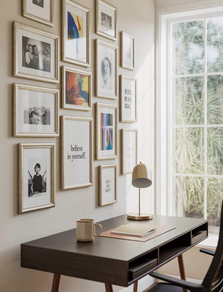 A gallery wall featuring framed art, photos, and quotes in a personalized home office.