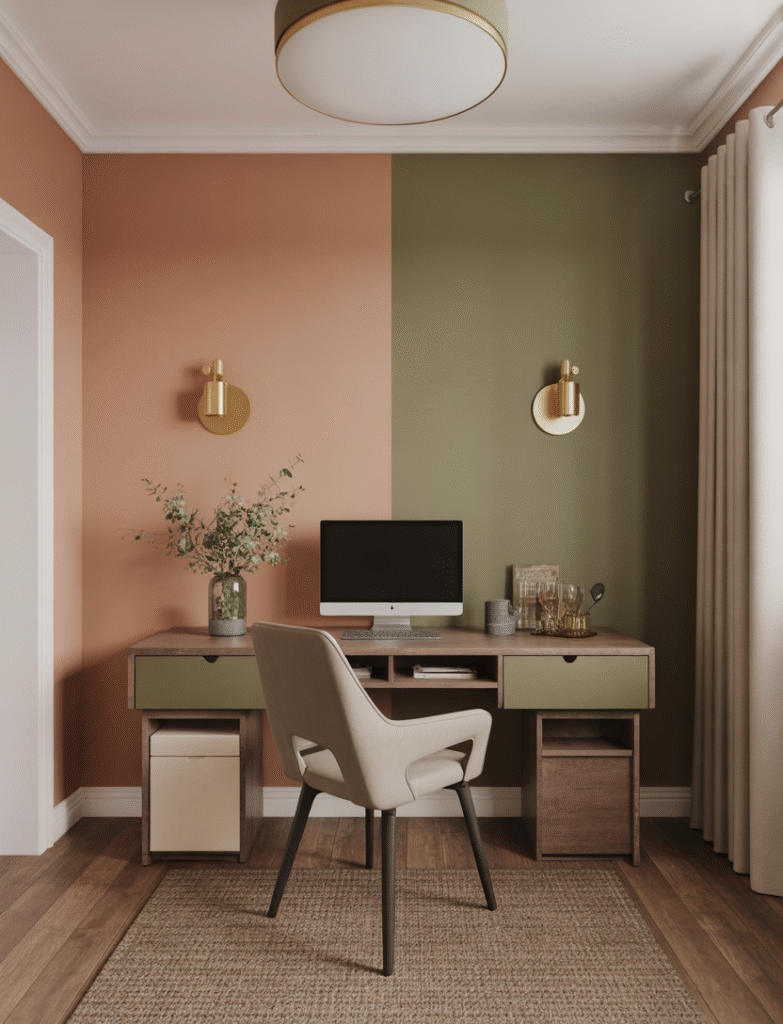 A modern office featuring a two-tone wall with contrasting top and bottom paint colors.