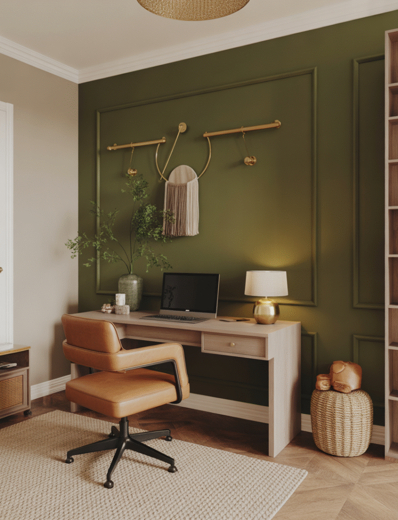 A rich green accent wall in an elegant office with leather and brass decor accents.