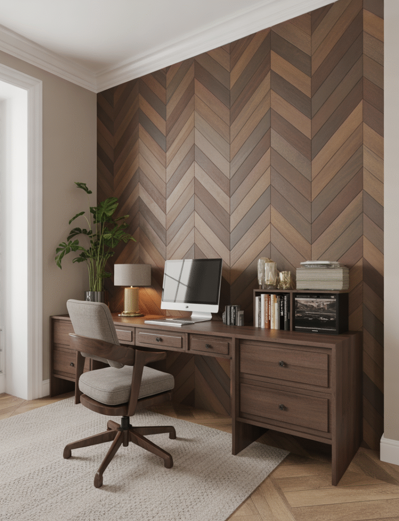 A herringbone wood panel wall behind a stylish, neutral-toned home office setup.