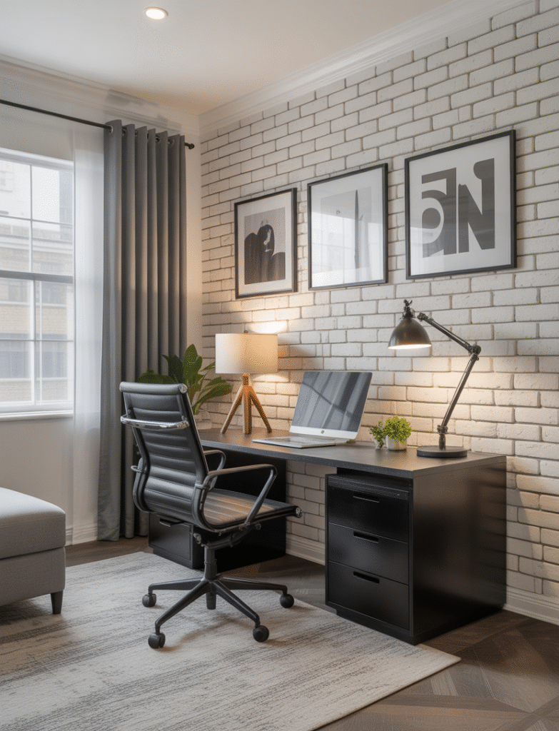 A white brick accent wall with industrial-style decor in a bright, urban office.