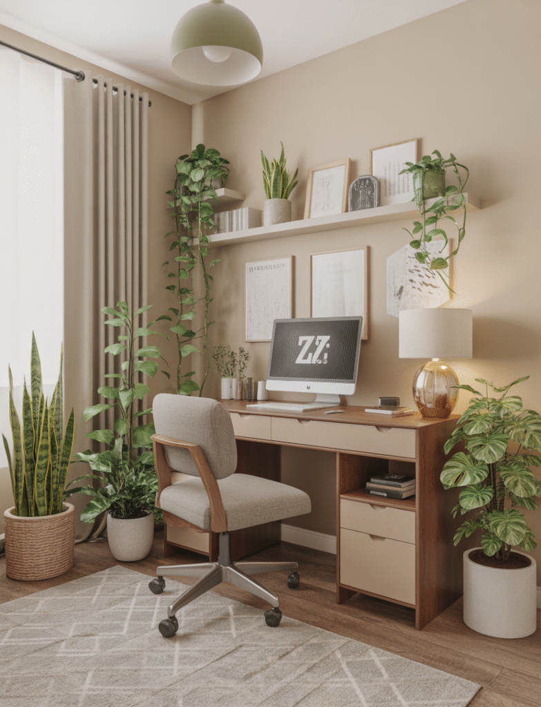 Bright home office filled with indoor plants like snake plants, pothos, and ZZ plants, complemented by a light wood desk and minimal decor.