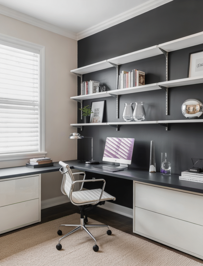 A sleek charcoal gray accent wall with white shelves and chrome decor.