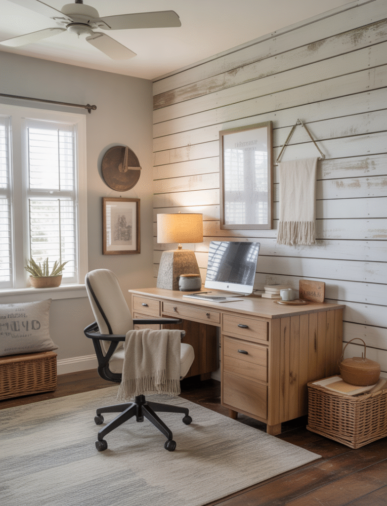 A rustic home office featuring whitewashed shiplap and vintage, farmhouse decor.