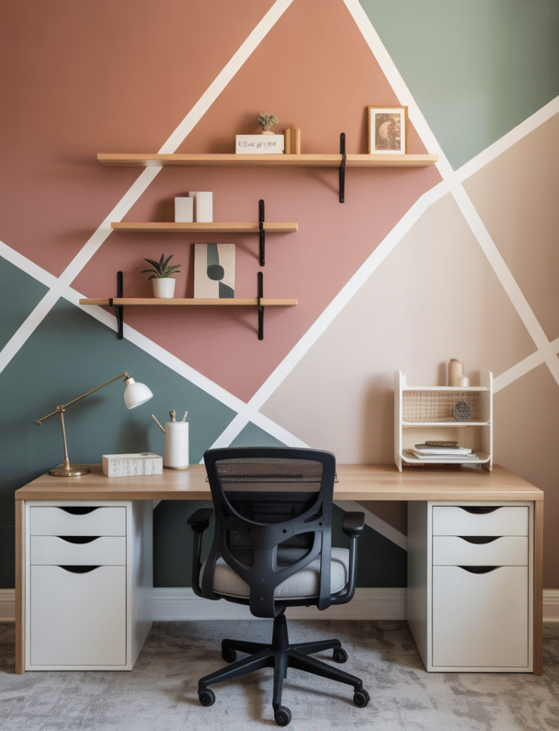 A bold geometric accent wall with complementary colors in a creative workspace.