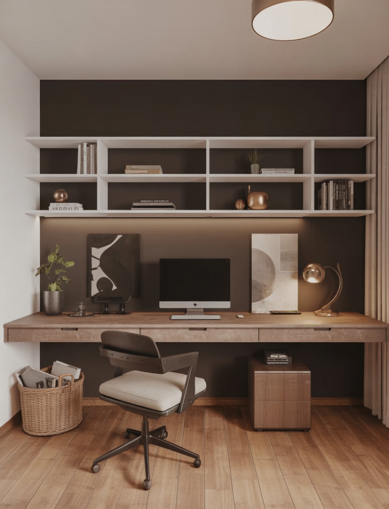 A minimalist workspace with a matte black accent wall, white shelving, and natural wood elements.