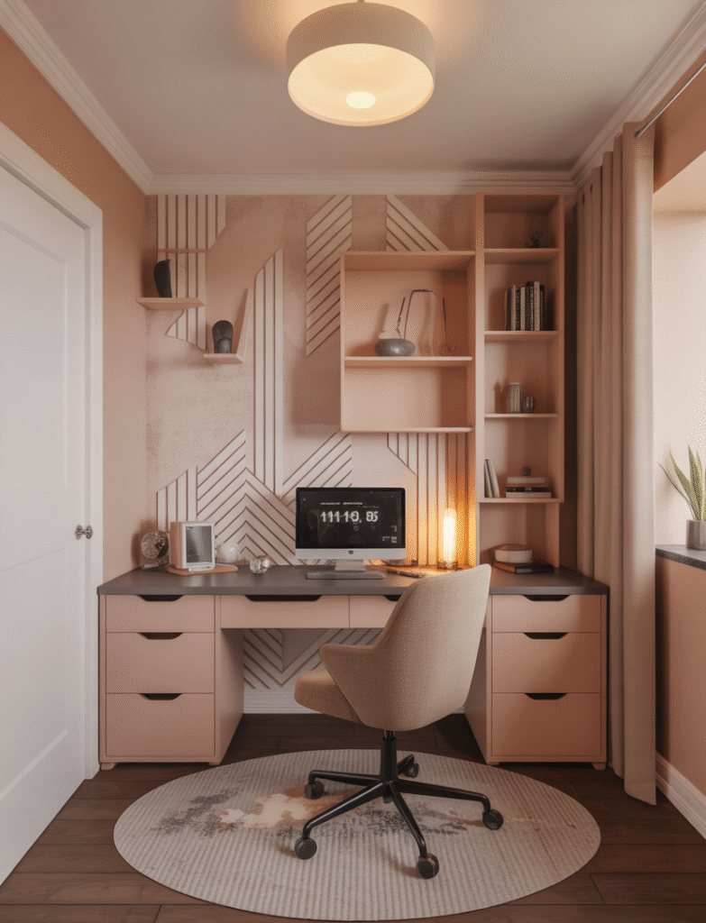 An office with geometric patterned wallpaper, cozy desk setup, and soft, creative lighting.