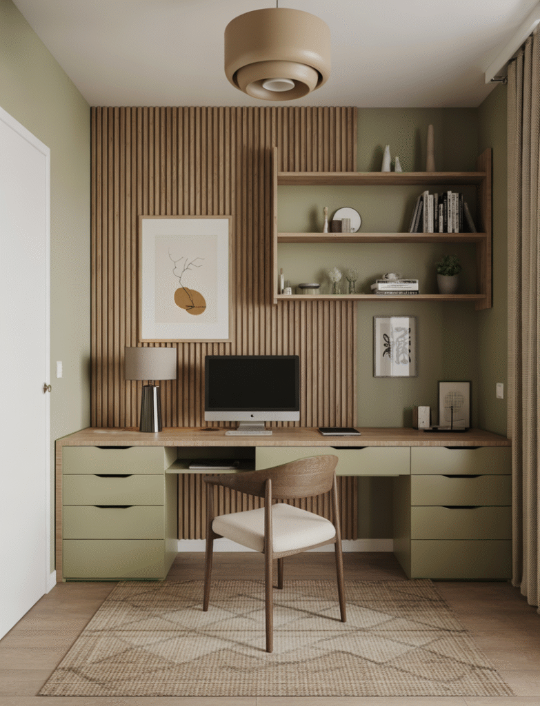 A Scandinavian-inspired home office with vertical wood slats and a natural color scheme.