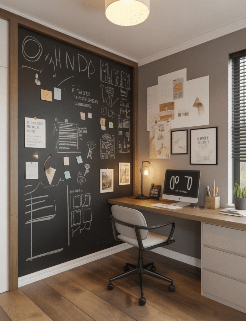 A chalkboard wall in a home office with sketches, notes, and framed by wood trim.