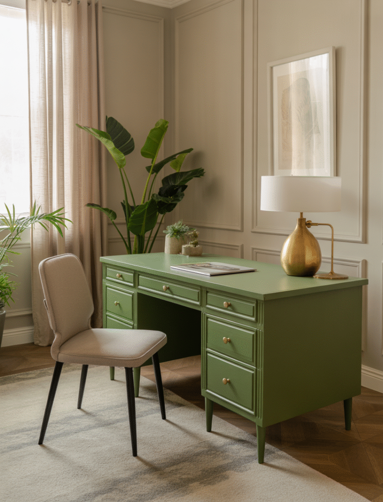 Unique home office with a green-painted desk, neutral walls, and modern chair, paired with natural lighting and gold accessories for a stylish look.