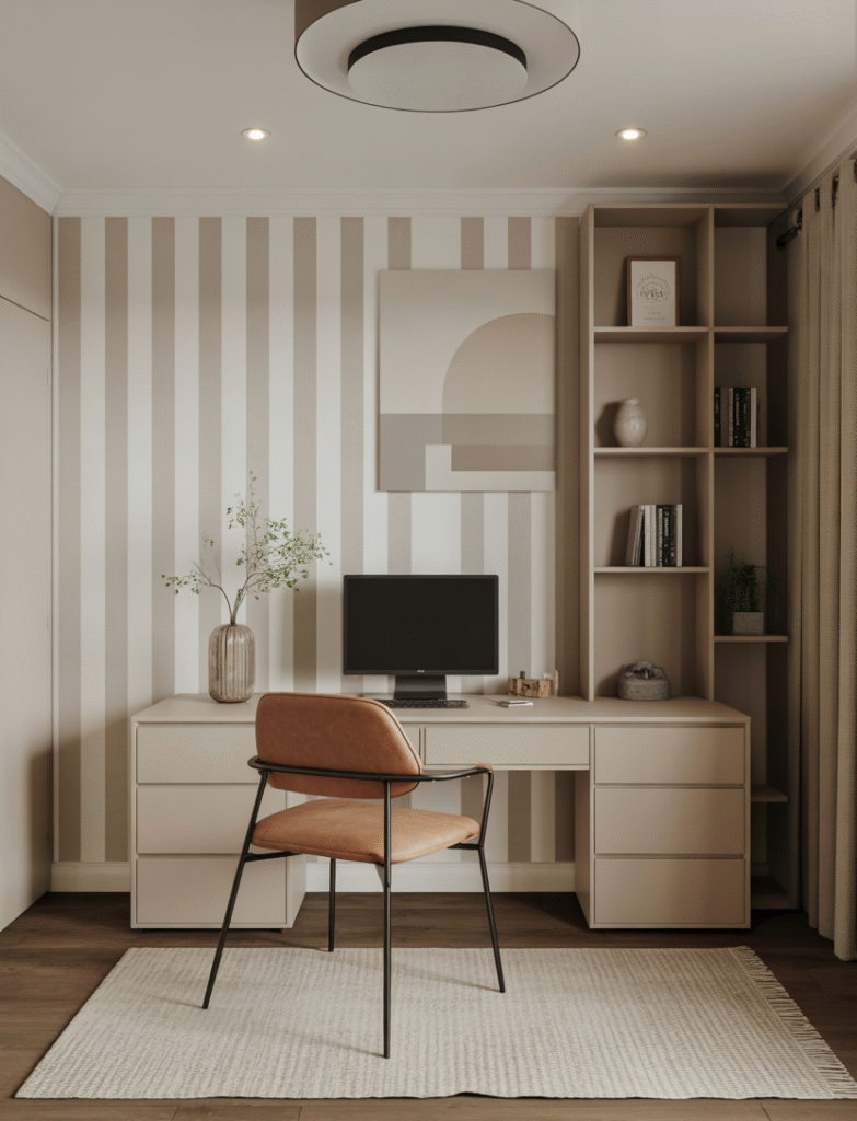 A home office with vertical or horizontal painted stripes in muted tones.