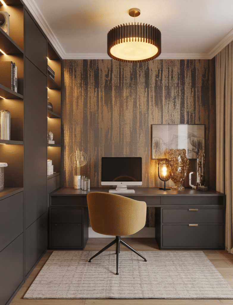A glam office with metallic gold wallpaper, matte finishes, and plush textiles.