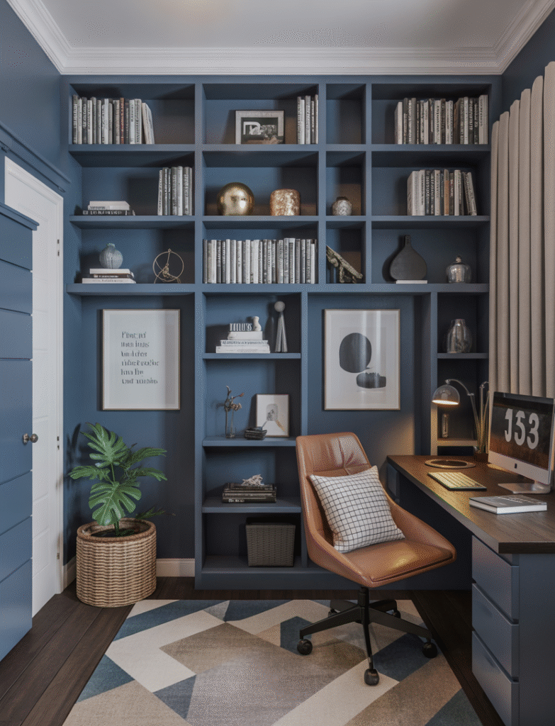 Built-in navy blue bookshelves with books and decor in a cozy, library-style office.