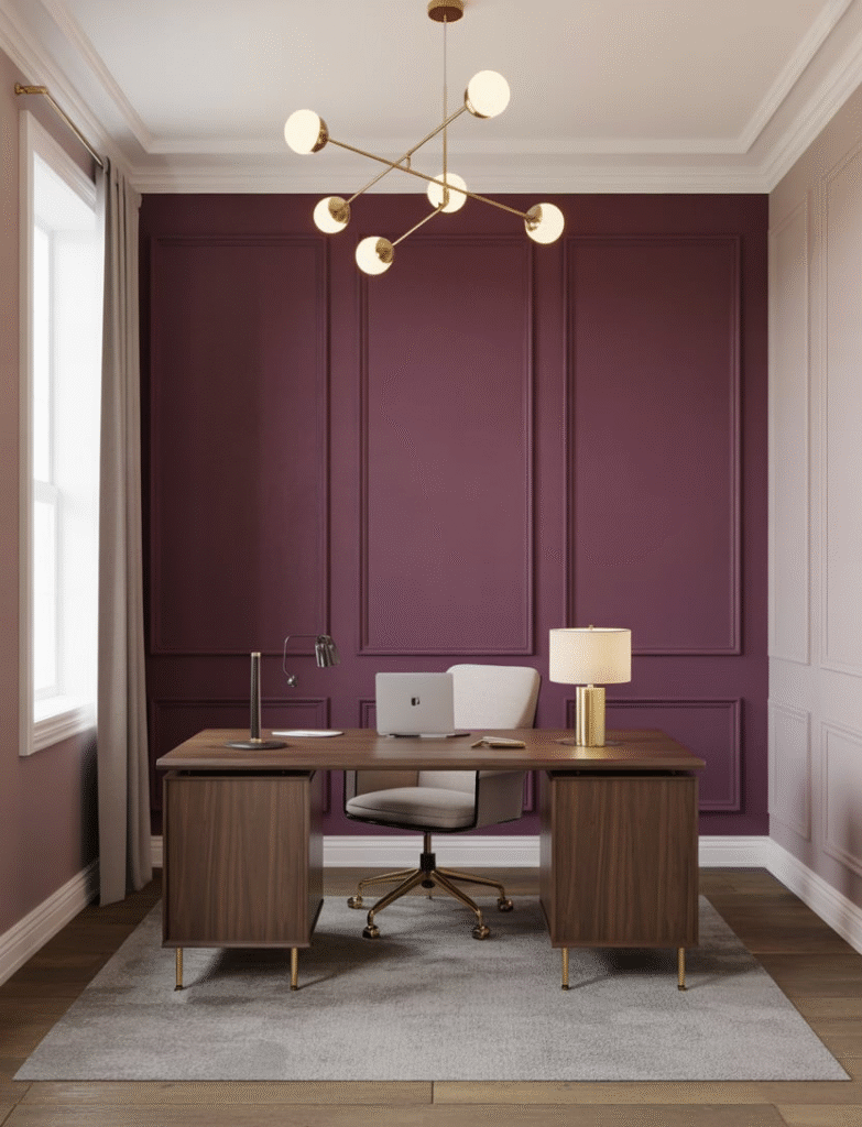 An office with a moody plum accent wall, brass lighting, and elegant wood finishes.