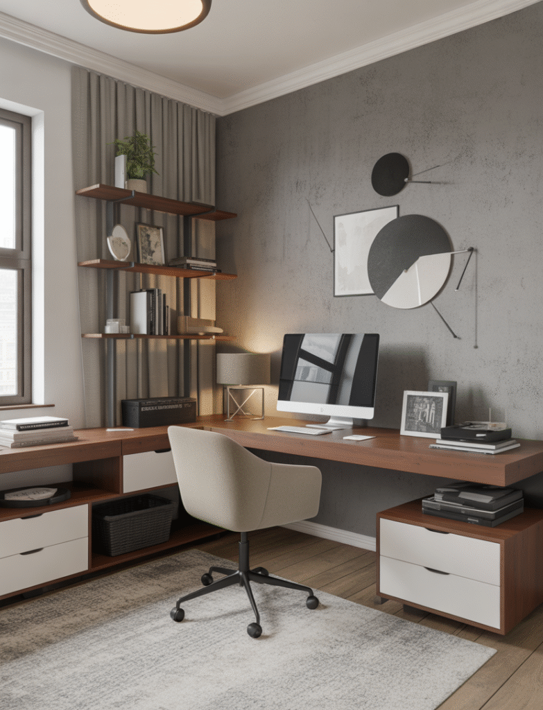 Framed fabric wall panels in soft patterns and textures in a stylish office.