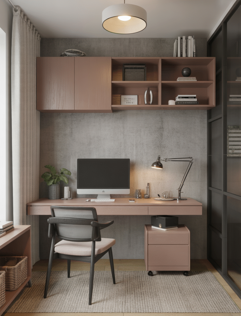 A faux concrete wall with industrial decor, softened by warm wood and textiles.