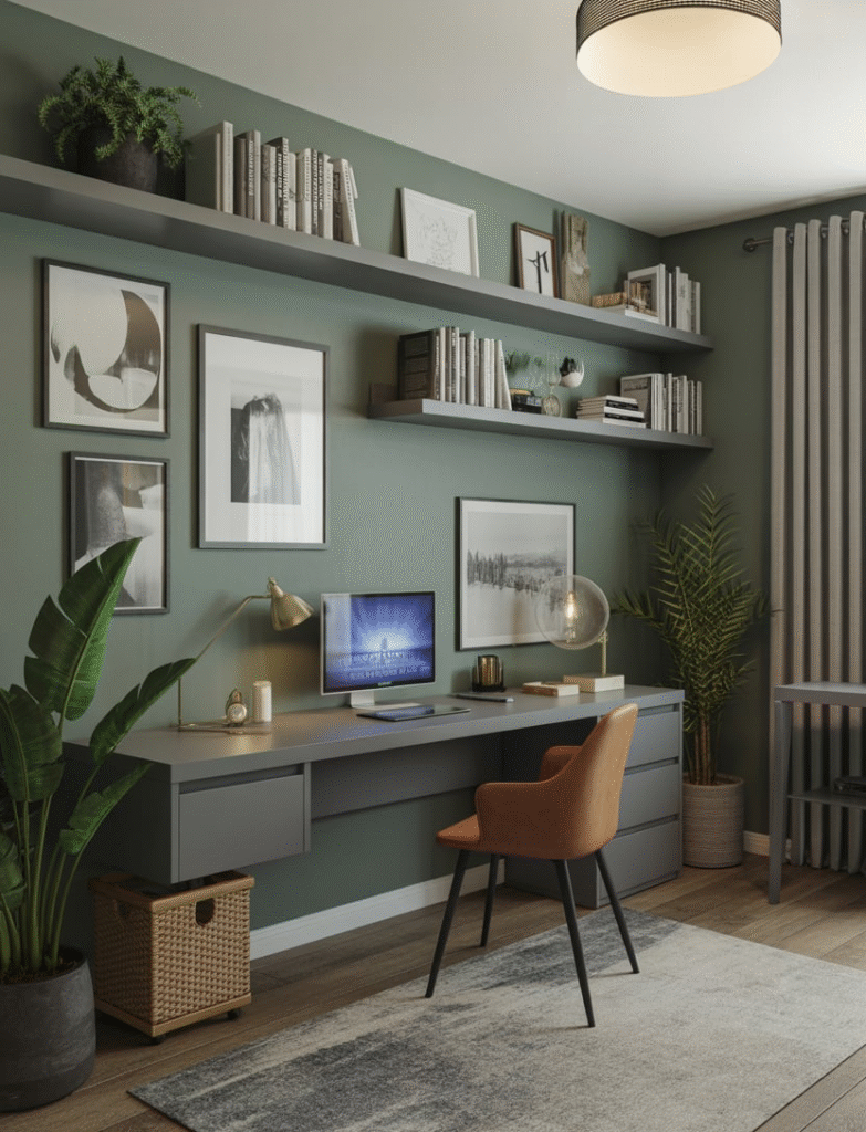A painted accent wall with floating shelves styled with art, plants, and books.