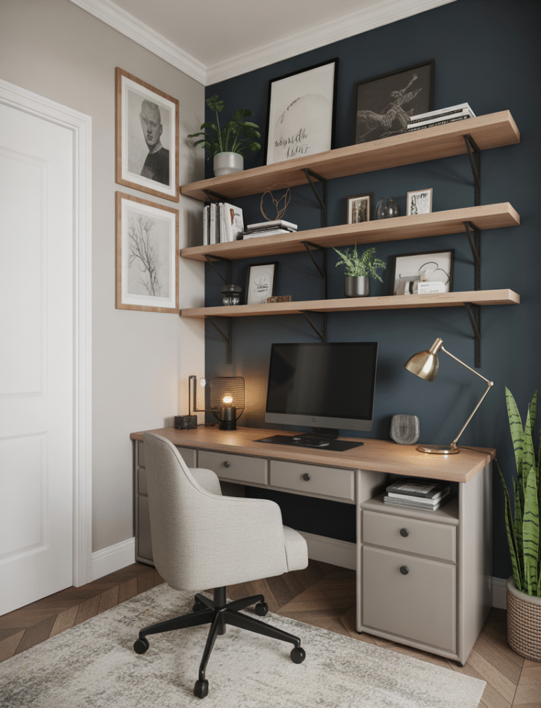 As a part of home office accent wall ideas this picture displays a home office with a dark moody blue wall, light wood shelves, white trim, and brass desk lamp.