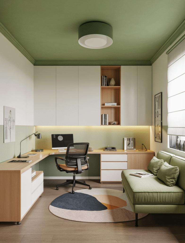 Creative workspace with a green ceiling, white cupboards, light wood furniture, and airy lighting, adding a playful touch of color overhead.