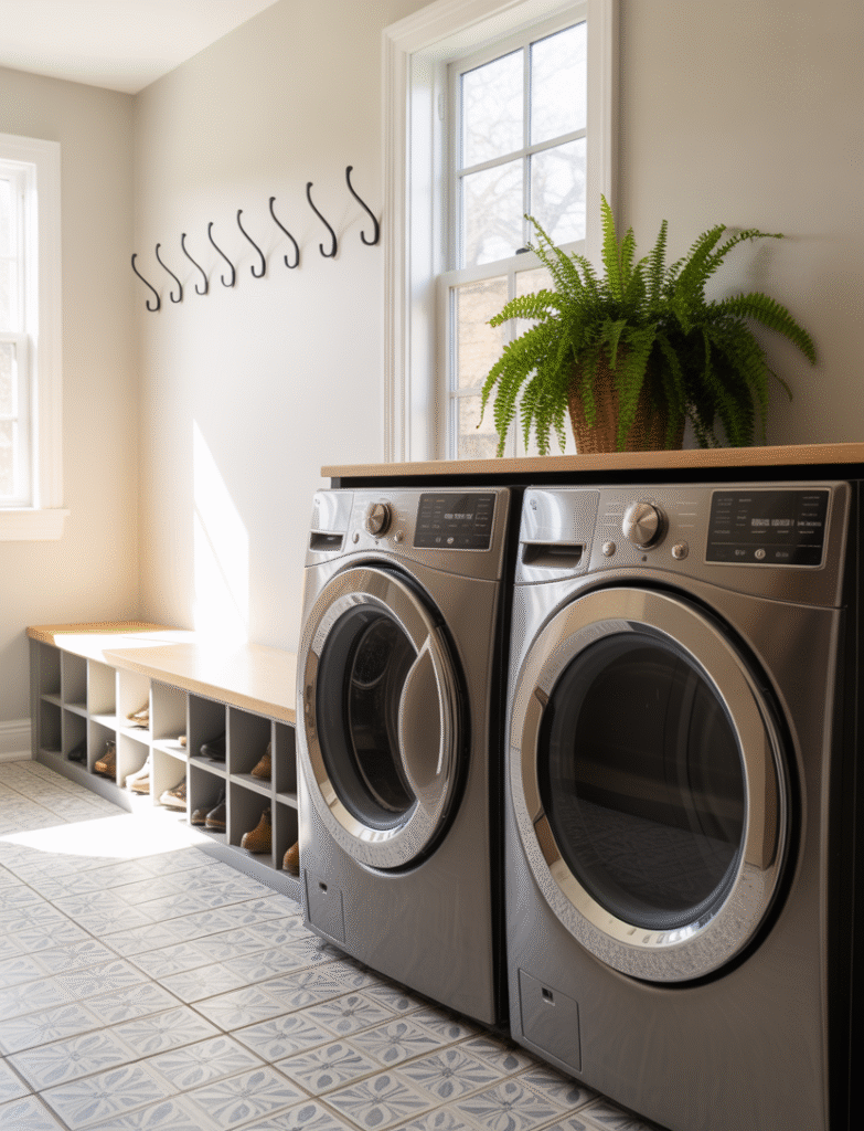As a part of a mudroom laundry room layout ideas this picture shows front-loading washer and dryer side by side with built-in bench, cubbies for shoes, and coat hooks above, set against patterned tile flooring.