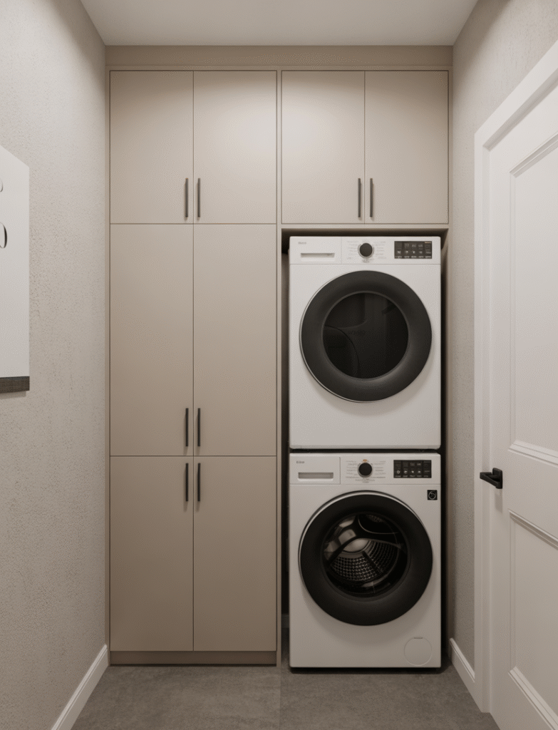 Compact mudroom with stacked washer and dryer and a tall neutral-toned storage cabinet beside them.