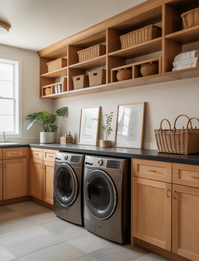 Laundry room featuring a full-length countertop over machines, with drawers and open shelves for storage.