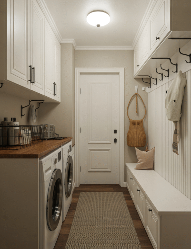 Hallway layout with laundry machines on one wall and hooks, cabinets, and a slim bench on the other.
