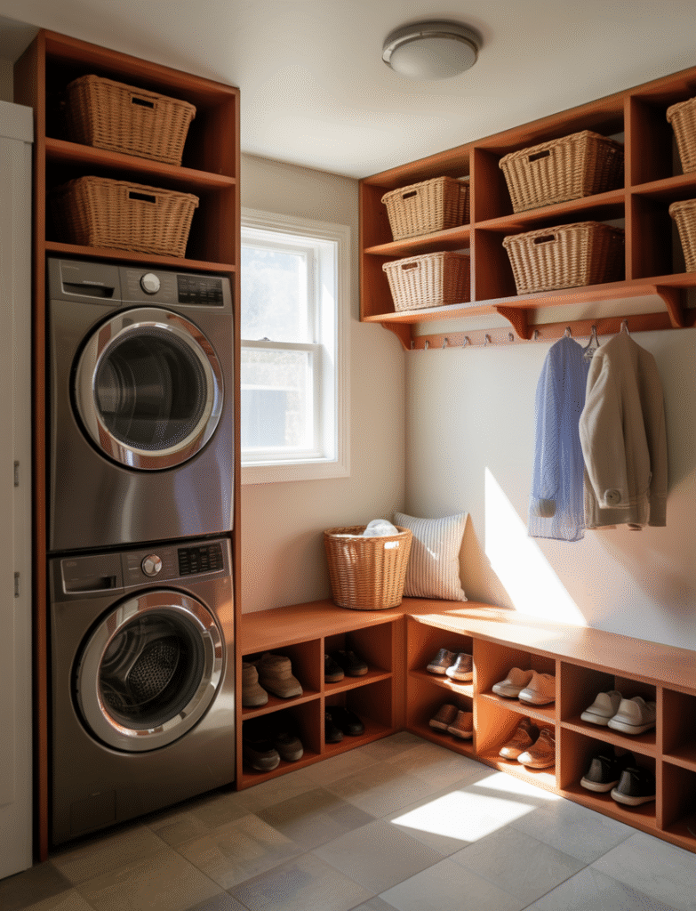 Small square room with machines in one corner, and L-shaped bench with storage cubbies and baskets on adjacent walls.