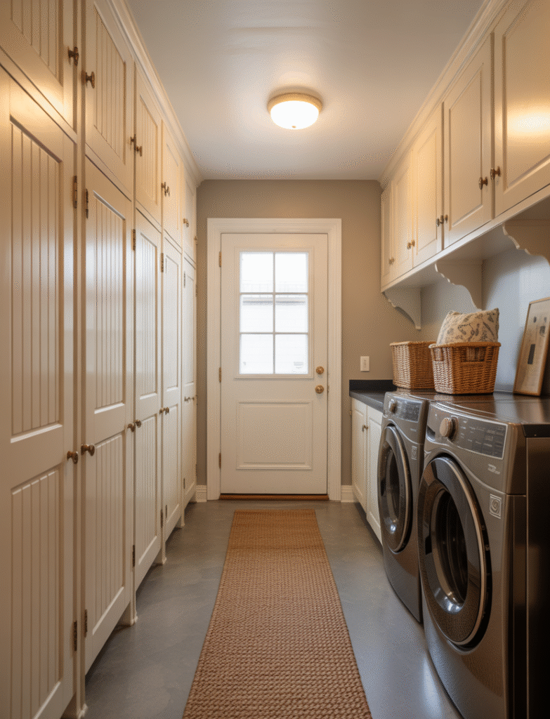  Mudroom with lockers for coats and backpacks on one side, washer and dryer on the opposite side, and a central runner rug.