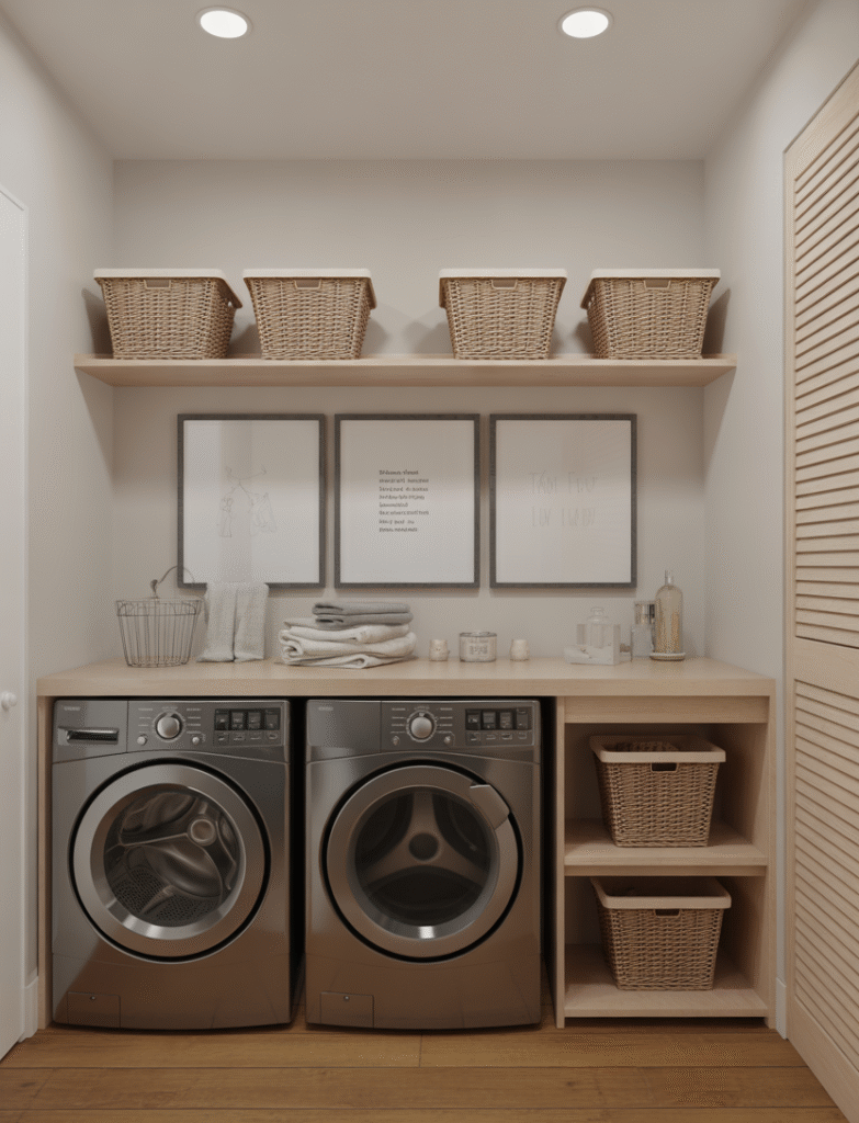 Laundry room with wall-to-wall countertop above machines and floating shelves above for baskets and decor.