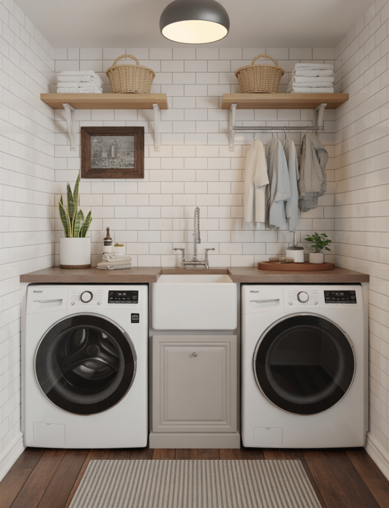 Side-by-side laundry machines with a built-in sink between them, and a subway tile backsplash behind.