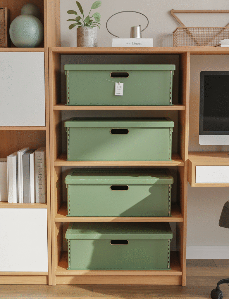 Organized home office with jade green storage boxes on shelves, light wood and white tones, offering both decorative and functional storage.