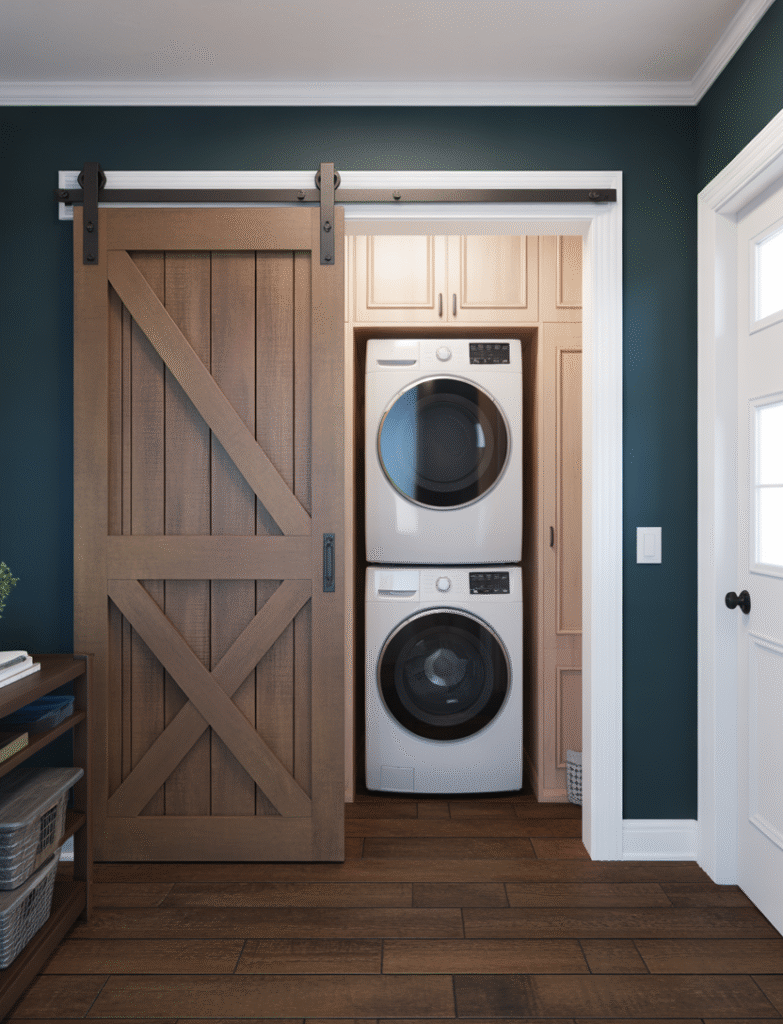 Mudroom laundry space with a sliding barn door entry, styled in rustic or modern finishes.

  