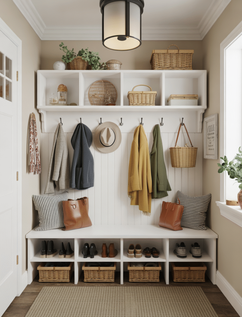 : Bench seating with wall hooks above for coats, bags, and hats, styled with seasonal decor elements.